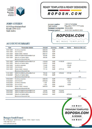 Saudi Arabia Banque Saudi Fransi bank statement template in Word and PDF format, good for address prove