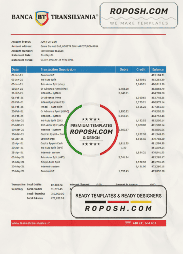 Romania Banca Transilvania bank statement easy to fill template in .xls and .pdf file format
