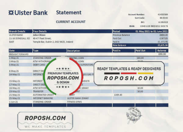 Republic of Ireland Ulster Bank statement easy to fill template in Excel and PDF format