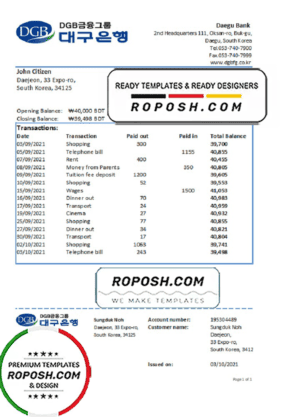 South Korea Daegu bank statement easy to fill template in Excel and PDF format