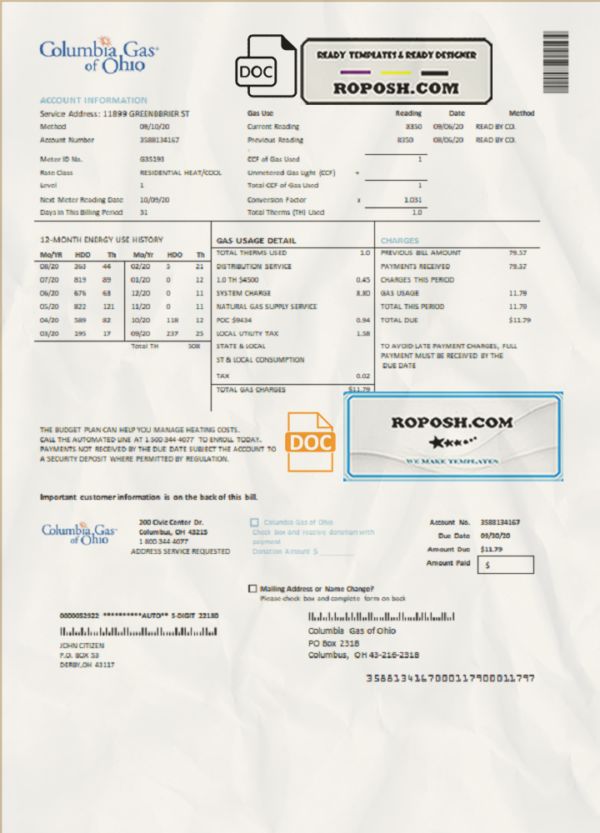 USA Columbia Gas of Ohio utility bill template in Word and PDF format scan effect