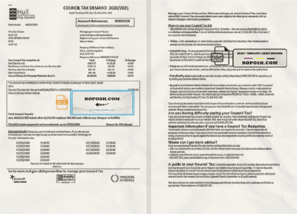 United Kingdom Hull City Council utility bill template in Word and PDF format, 2 pages scan effect