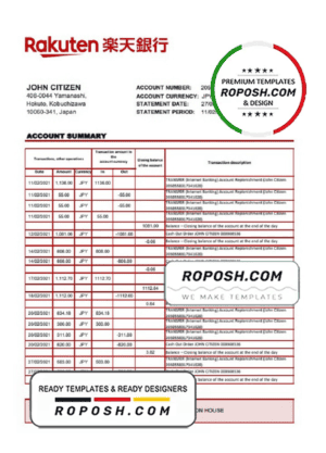 Japan Rakuten bank statement template in Excel and PDF format
