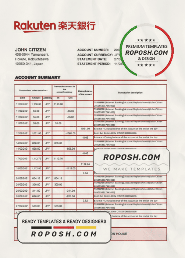 Japan Rakuten bank statement template in Excel and PDF format