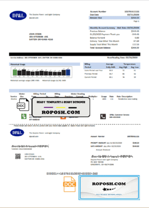 USA Ohio DP&L utility bill template in Word and PDF format