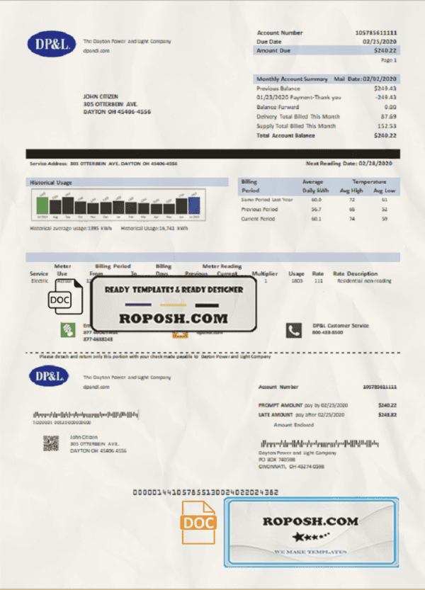 USA Ohio DP&L utility bill template in Word and PDF format