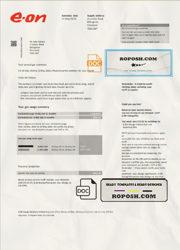 United Kingdom E.ON utility bill template in Word and PDF format, version 2 scan effect