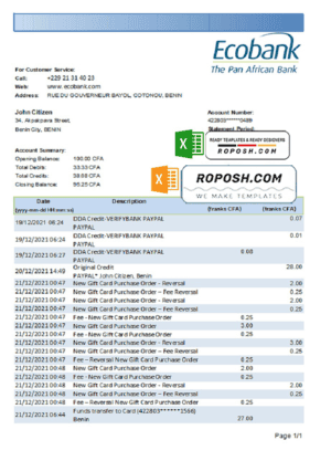 Benin Ecobank bank statement easy to fill template in .xls and .pdf file format