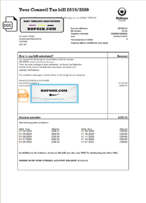 United Kingdom Oldham council tax bill template in Word and PDF format
