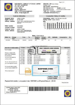 Ghana Electricity Company of Ghana utility bill template in Word and PDF format
