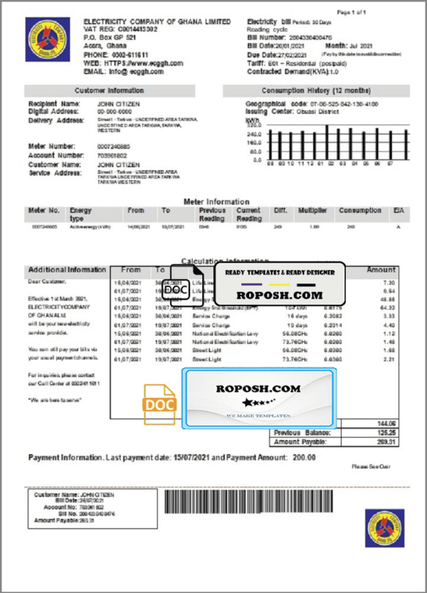 Ghana Electricity Company of Ghana utility bill template in Word and PDF format