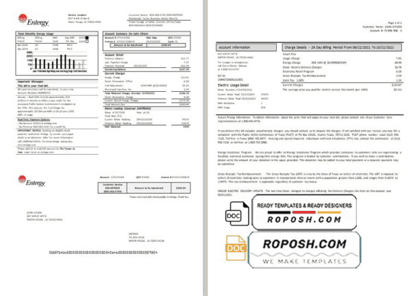 USA Entergy electricity utility bill template in Word and PDF format (2 pages)