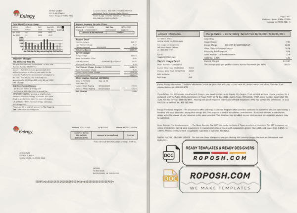 USA Entergy electricity utility bill template in Word and PDF format (2 pages)