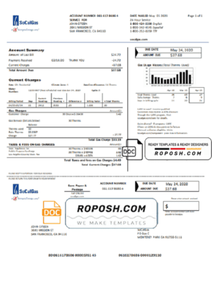 USA California SoCal Gas utility bill template in Word and PDF format