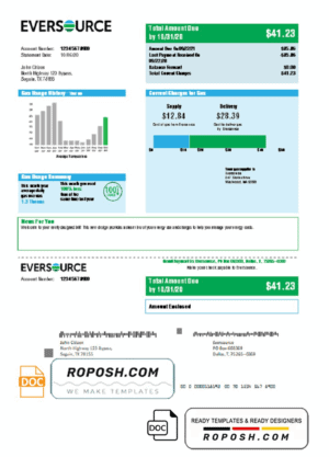 USA Eversource gas utility bill template in Word and PDF format, good for address prove