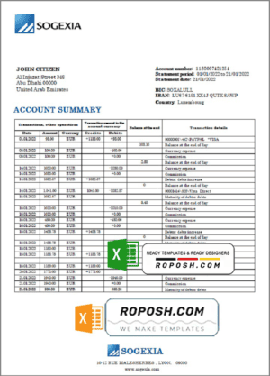 Luxembourg Sogexia Bank statement template in Excel and PDF format