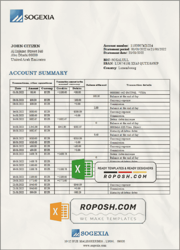 Luxembourg Sogexia Bank statement template in Excel and PDF format