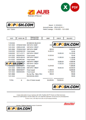 Philippines Asia United Bank (AUB) account statement Excel and PDF template