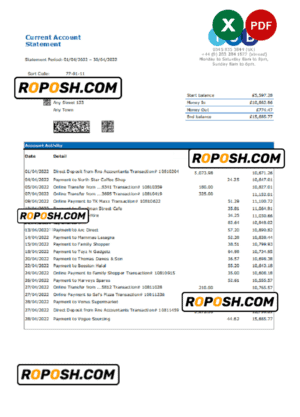 United Kingdom TSB bank statement, Excel and PDF template