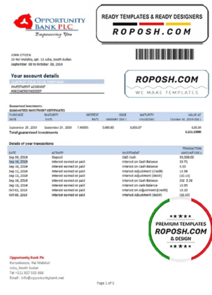 South Sudan Opportunity Bank statement template in Word and PDF format