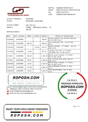 Turkmenistan Turkmenbashi Bank statement template, Excel and PDF format