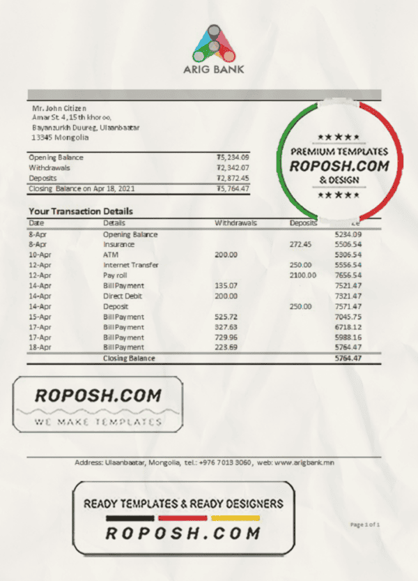 Mongolia Arig Bank statement easy to fill template in .xls and .pdf file format