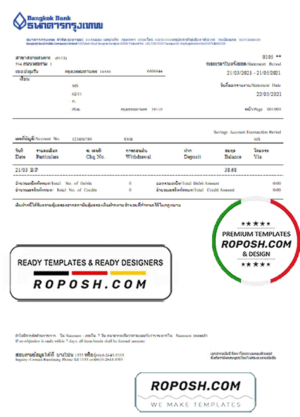 Thailand Bangkok Bank online banking transaction statement template in Word and PDF format
