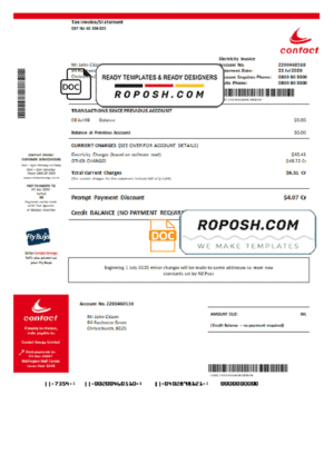 New Zealand Contact Energy proof of energy template in Word and PDF format