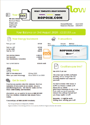 United Kingdom Flow Energy utility bill template in Word and PDF format
