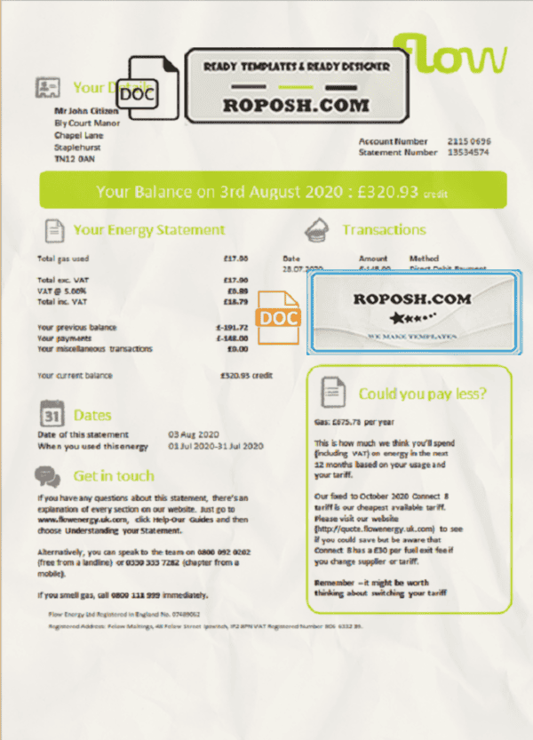 United Kingdom Flow Energy utility bill template in Word and PDF format