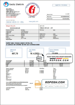 Turkey Gediz Elektrik utility bill template in Word and PDF format, fully editable