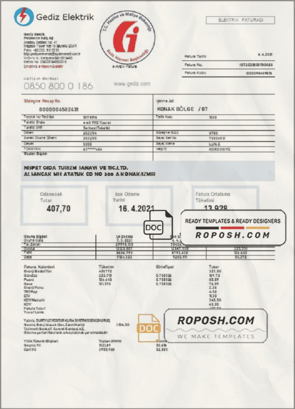 Turkey Gediz Elektrik utility bill template in Word and PDF format, fully editable