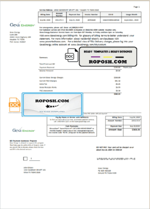 USA Texas Gexa Energy utility bill template in Word format