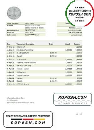 Liberia Central Bank of Liberia bank statement easy to fill template in .xls and .pdf file format
