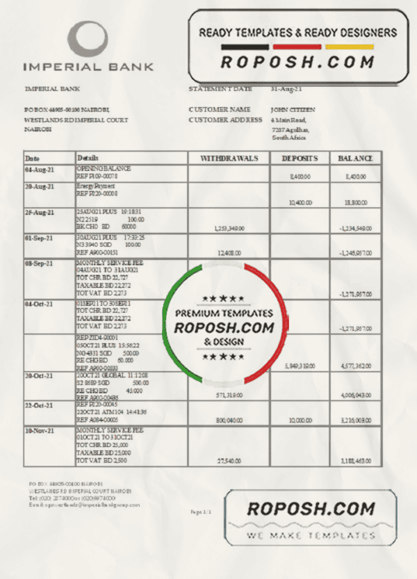 South Africa Imperial Bank statement easy to fill template in .xls and .pdf file format