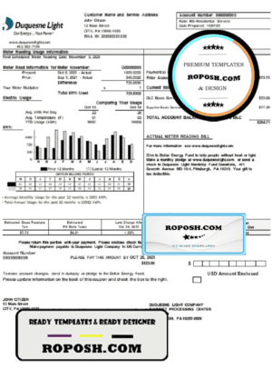 USA Pennsylvania Duquesne Light Company utility bill template in Word and PDF format