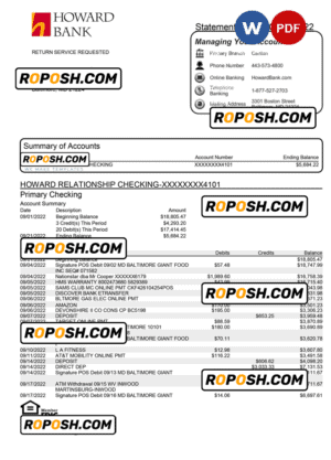 USA Howard bank statement Word and PDF template