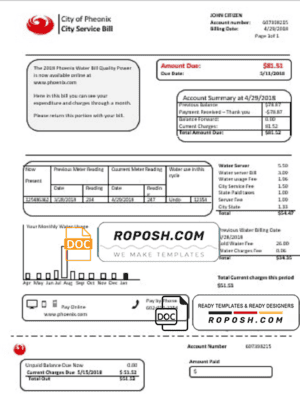 USA Arizona City of Phoenix utility bill template in Word and PDF format