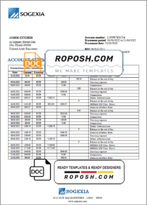 Luxembourg Sogexia Bank statement template in Word and PDF format