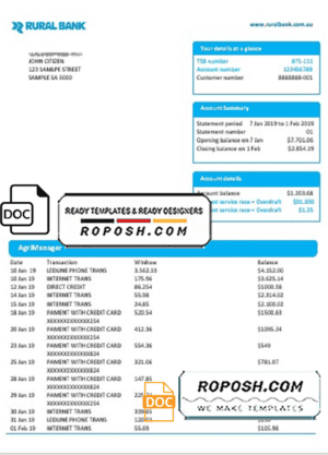 Australia Rural bank proof of address statement template in Word and PDF format