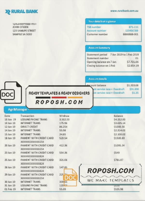 Australia Rural bank proof of address statement template in Word and PDF format