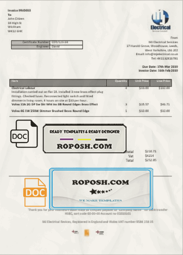 United Kingdom MJ Electrical proof of address utility bill template in Word and PDF format