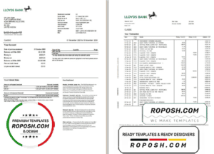 United Kingdom Lloyds bank statement template in Excel and PDF format (2 pages)