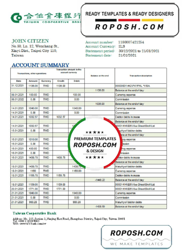 Taiwan Cooperative Bank statement easy to fill template in Excel and PDF format