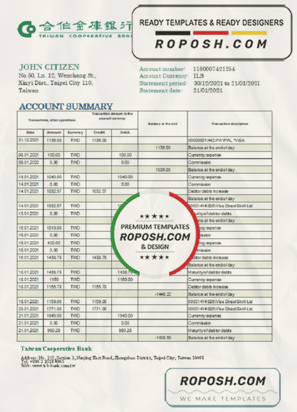 Taiwan Cooperative Bank statement easy to fill template in Excel and PDF format