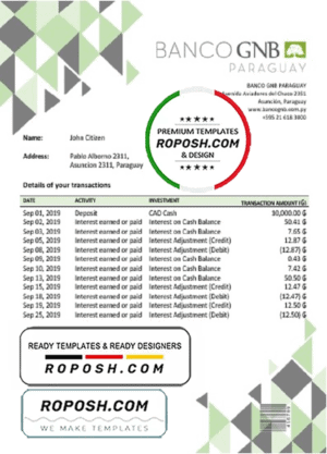 Paraguay Banco Continental S.A.E.C.A. bank statement template in Word and PDF format, good for address prove