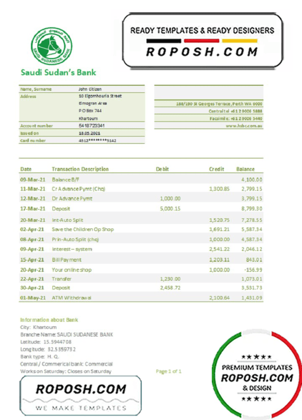 Sudan Saudi Sudanese Bank statement easy to fill template in .xls and .pdf file format