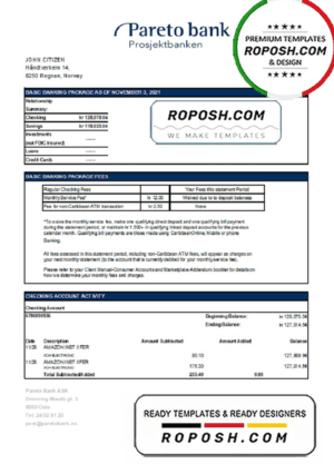 Norway Pareto bank statement easy to fill template in Excel and PDF format