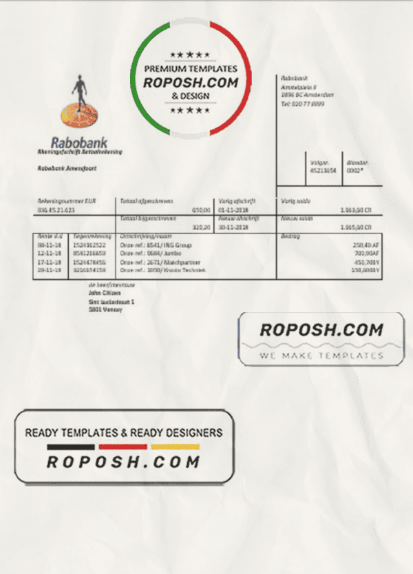 Netherlands Rabobank bank statement easy to fill template in Word and PDF format