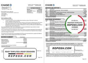 USA JP Morgan Chase bank statement template in .xls and .pdf file format, 2 pages
